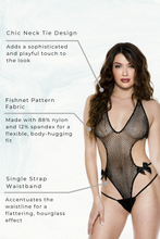 Load image into Gallery viewer, Fishnet neck tie teddy, Thong Cut Back Bodysuit with Single Strap Waistband
