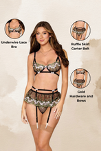 Load image into Gallery viewer, Three-piece floral embroidery set, Embroidery Bra with Ruffle Skirt and G-String
