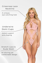 Load image into Gallery viewer, Stretch lace and nude mesh high cut teddy
