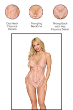 Load image into Gallery viewer, Delicate lace teddy with dot mesh flounce details, Plunging Neckline Badysuit
