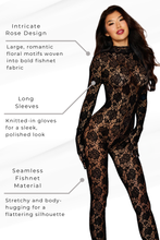 Load image into Gallery viewer, Seamless Large Rose Design Fishnet Catsuit Bodystocking
