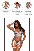 Load image into Gallery viewer, Satin and eyelash lace longline bra and garter panty
