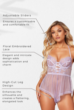 Load image into Gallery viewer, Sexy Floral Embroidery Lace Teddy – High Cut Leg Lingerie Bodysuit with Lace-Up Detail &amp; Racerback Straps
