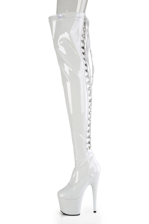 Stretch Thigh Boot with 7-Inch Stiletto Heel, Platform, and Rear Lace-Up Detail