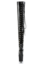 Load image into Gallery viewer, Stretch Thigh Boot with 7-Inch Stiletto Heel, Platform, and Rear Lace-Up Detail
