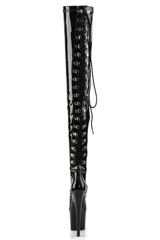 Stretch Thigh Boot with 7-Inch Stiletto Heel, Platform, and Rear Lace-Up Detail