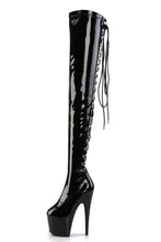 Load image into Gallery viewer, Stretch Thigh Boot with 7-Inch Stiletto Heel, Platform, and Rear Lace-Up Detail
