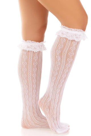 Sweetheart Ruffle Cuff Knee High Socks, Kawaii Heart Ruffle Knee Socks