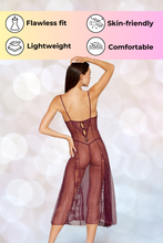 Load image into Gallery viewer, Dot Stretch Mesh and Eyelash Lace Midi-Length Gown with G-String Set
