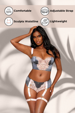 Load image into Gallery viewer, Satin and eyelash lace longline bra and garter panty
