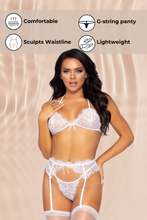 Load image into Gallery viewer, Sultry Rhinestone Eyelash Lace Bra, Garter Belt &amp; G-String Set for Unforgettable Nights
