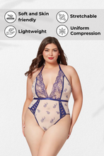 Load image into Gallery viewer, Sexy Mesh &amp; Floral Embroidery Halter Neck Teddy – Sheer Nude Mesh with High Cut Leg &amp; Thong Back
