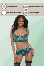 Load image into Gallery viewer, Metallic Cross-Dye Lace Bra Set – Longline Underbust, Garter Belt, &amp; G-String
