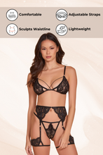 Load image into Gallery viewer, All Eyes On Me Three Pcs Bra Set with Strappy Underwire Bra, Garter Belt &amp; G-String
