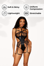 Load image into Gallery viewer, Faux-leather and fishnet garter teddy
