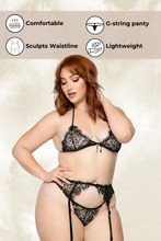 Load image into Gallery viewer, Plus Size Sultry Rhinestone Eyelash Lace Bra, Garter Belt &amp; G-String Set for Unforgettable Nights

