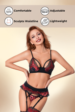 Load image into Gallery viewer, Ruby Lace Lingerie Set with Garter Belt, Semi-Padded Underwired Bra, Adjustable Straps, and Thong
