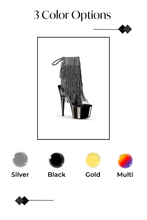 Load image into Gallery viewer, Stiletto Heel Ankle Boot with Chrome Platform and Rhinestone Fringe
