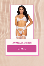 Load image into Gallery viewer, Sultry Rhinestone Eyelash Lace Bra, Garter Belt &amp; G-String Set for Unforgettable Nights
