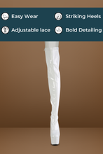 Load image into Gallery viewer, Stretch Thigh Boot with 7-Inch Stiletto Heel, Platform, and Rear Lace-Up Detail
