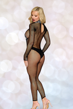 Load image into Gallery viewer, Seamless fishnet bodystocking with knitted collar, Lingerie with Rhinestone Detail
