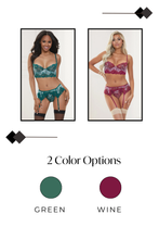 Load image into Gallery viewer, Metallic Cross-Dye Lace Bra Set – Longline Underbust, Garter Belt, &amp; G-String
