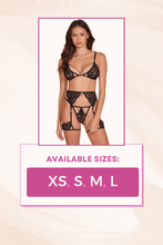 Load image into Gallery viewer, All Eyes On Me Three Pcs Bra Set with Strappy Underwire Bra, Garter Belt &amp; G-String
