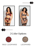 Load image into Gallery viewer, Leopard Print Satin &amp; Lace 3-Piece Bra Set – Underwire Lingerie with Garter Belt, Rhinestone &amp; Gold Hardware
