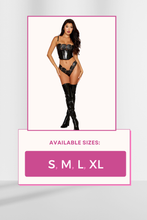 Load image into Gallery viewer, Stretch Faux-Leather Cropped Bustier and G-String Set with Leather Embroidery Mesh and Horse Bit Trim
