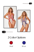 Load image into Gallery viewer, Sexy Mesh &amp; Floral Embroidery Halter Neck Teddy – Sheer Nude Mesh with High Cut Leg &amp; Thong Back
