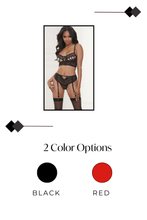 Load image into Gallery viewer, Tide of Passion 2-Piece Bra Set – Strappy Cup Lingerie with Lace-Up Back, Attached Garters &amp; Satin Bow Charm
