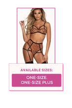 Load image into Gallery viewer, Leopard Print Mesh Bra Set with Strappy Elastic Details – Sexy High Waist Thong with Attached Garters &amp; Gold Hardware
