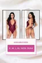 Load image into Gallery viewer, Velvet &amp; Lace Teddy – Plunging Neckline, Strappy Thong, &amp; Removable Garters
