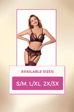 Load image into Gallery viewer, Ruby Lace Lingerie Set with Garter Belt, Semi-Padded Underwired Bra, Adjustable Straps, and Thong
