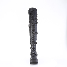 Load image into Gallery viewer, Platform Stretch Thigh-High Boots with Quad Skull Buckle Straps &amp; Inner Zip
