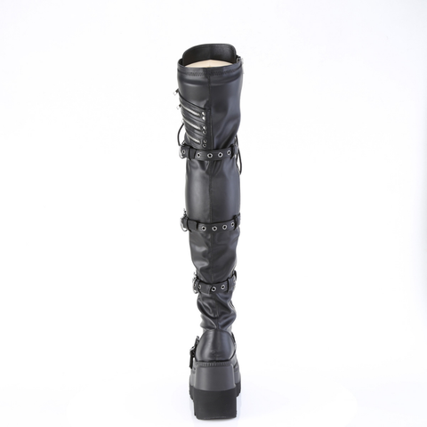 Platform Stretch Thigh-High Boots with Quad Skull Buckle Straps & Inner Zip