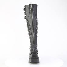 Load image into Gallery viewer, Chunky Heel Square-Toe Over-The-Knee Boots, Shield Detail, Front Zip &amp; Chain Accents
