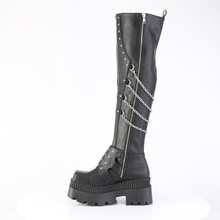 Load image into Gallery viewer, Chunky Heel Square-Toe Over-The-Knee Boots, Shield Detail, Front Zip &amp; Chain Accents

