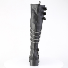 Load image into Gallery viewer, Chunky Heel Square-Toe Over-The-Knee Boots, Shield Detail, Front Zip &amp; Chain Accents
