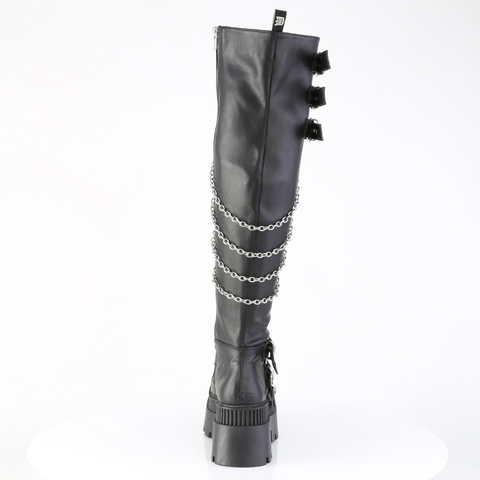 Chunky Heel Square-Toe Over-The-Knee Boots, Shield Detail, Front Zip & Chain Accents