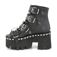 Load image into Gallery viewer, 3.5" Chunky Heel Studded Platform Bootie Sandal with Buckle Straps and Back Zip
