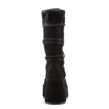 Load image into Gallery viewer, Black Vegan Suede Faux Fur Trim Platform Mid-Calf Boot with Lace-Up Front
