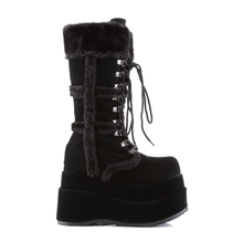Load image into Gallery viewer, Black Vegan Suede Faux Fur Trim Platform Mid-Calf Boot with Lace-Up Front
