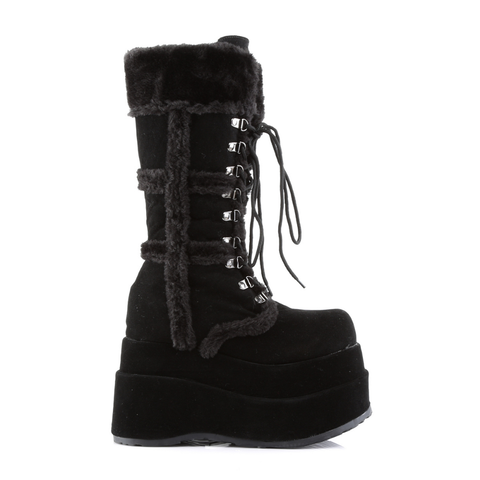 Black Vegan Suede Faux Fur Trim Platform Mid-Calf Boot with Lace-Up Front