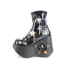 Load image into Gallery viewer, 5" LED Light-Up Star Cutout Platform Wedge Stretch Ankle Boot with Heart Chain and Back Zip
