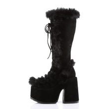 Load image into Gallery viewer, 5" Chunky Heel 3" Platform Lace-Up Knee-High Boots with Faux Fur Trim and Full Inner Side Zip
