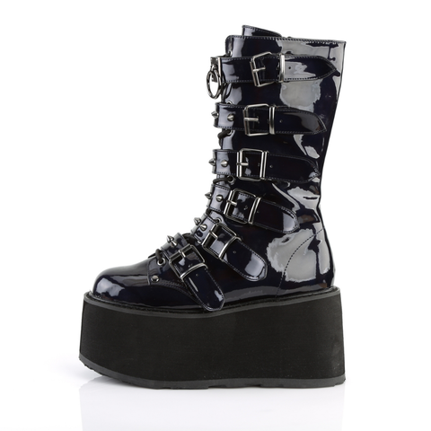 Platform Lace-Up Front Mid-Calf Boots with 6 Cone-Studded Buckle Straps and Inner Side Metal Zip