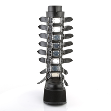Load image into Gallery viewer, Platform Knee-High Boots with 8 Buckle Straps, Metal Plate Details, and Back Metal Zip Closure
