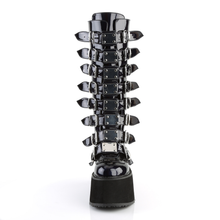 Load image into Gallery viewer, Platform Knee-High Boots with 8 Buckle Straps, Metal Plate Details, and Back Metal Zip Closure

