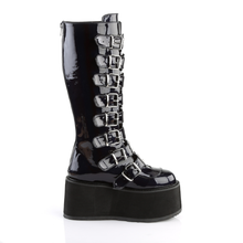 Load image into Gallery viewer, Platform Knee-High Boots with 8 Buckle Straps, Metal Plate Details, and Back Metal Zip Closure
